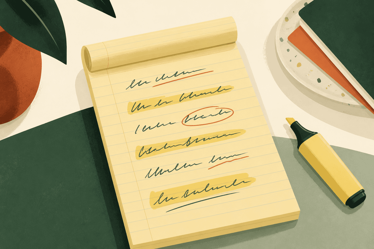 Subject line drafts on a yellow pad