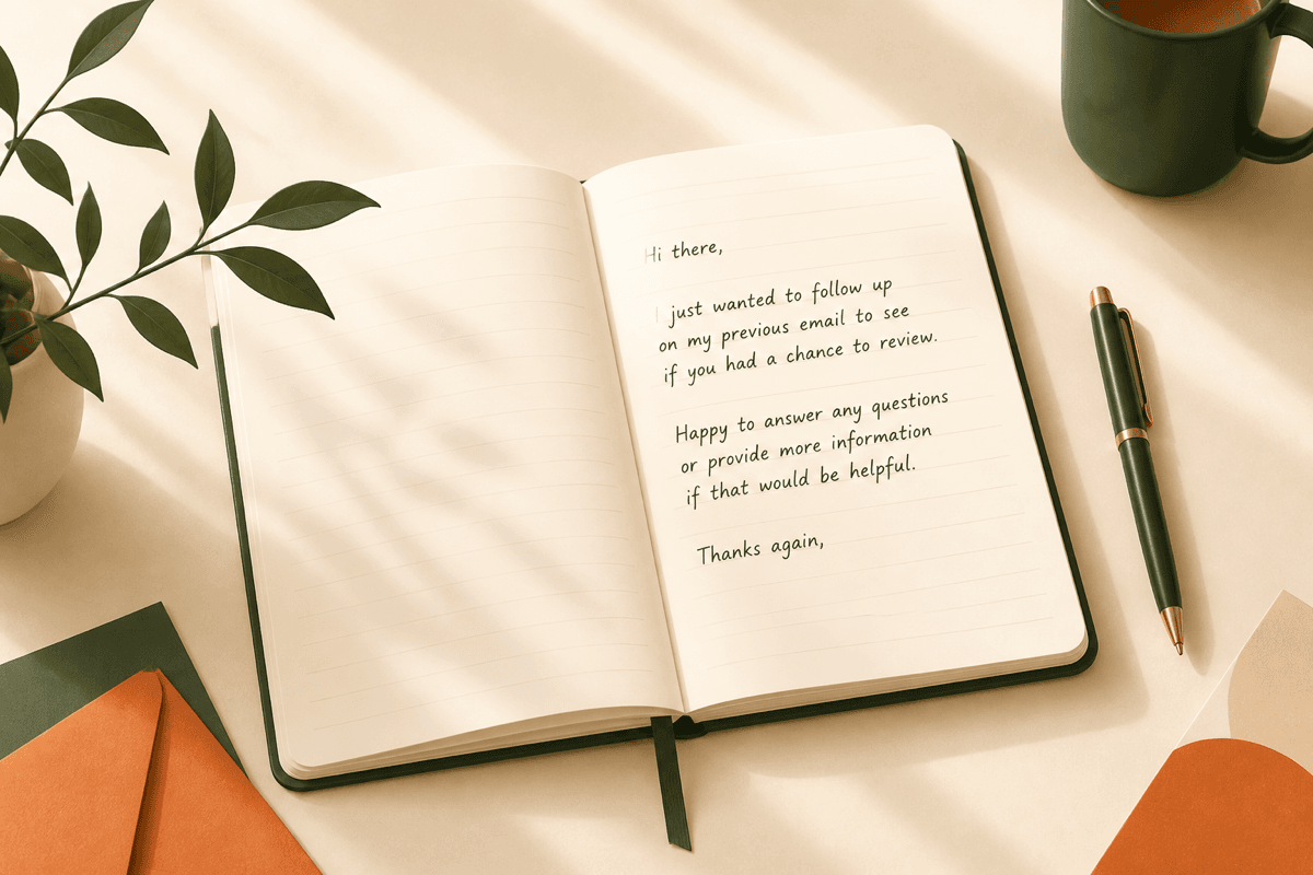 Notebook with a short follow-up email draft